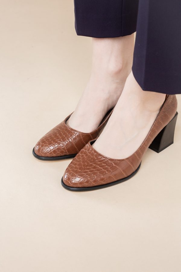 Pantofi cu Toc Gros Piele Ecologica Texturată Varf Rotund culoare Maro(BS612CAY2401569) 121