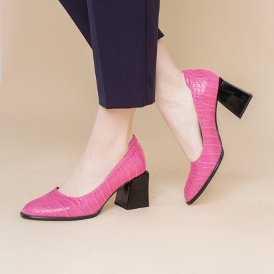 Pantofi cu Toc Gros Piele Ecologica Texturată Varf Rotund culoare Fuchsia(BS612CAY2401565)