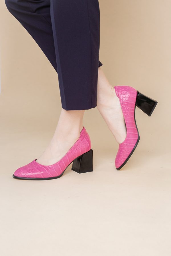 Pantofi cu Toc Gros Piele Ecologica Texturată Varf Rotund culoare Fuchsia(BS612CAY2401565) 119