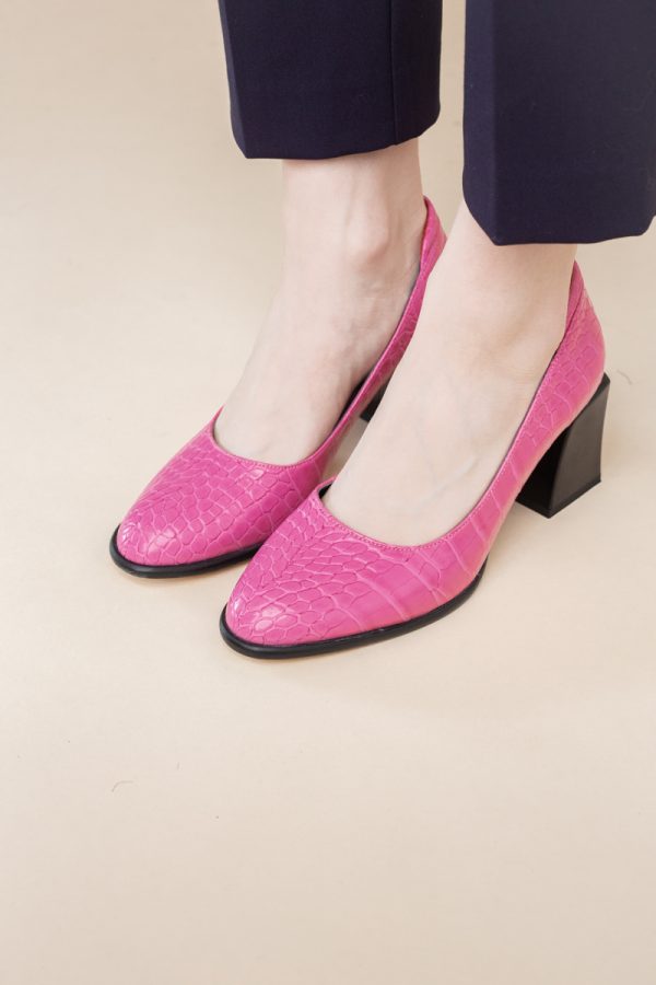 Pantofi cu Toc Gros Piele Ecologica Texturată Varf Rotund culoare Fuchsia(BS612CAY2401565) 121