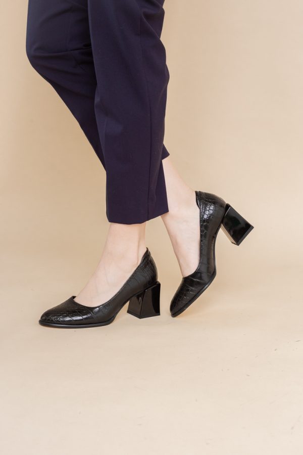 Pantofi cu Toc Gros Piele Ecologica Texturată Varf Rotund culoare Negru (BS612CAY2401559) 119