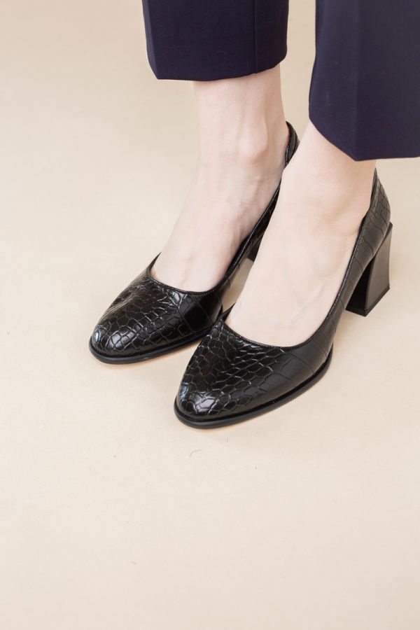 Pantofi cu Toc Gros Piele Ecologica Texturată Varf Rotund culoare Negru (BS612CAY2401559) 123