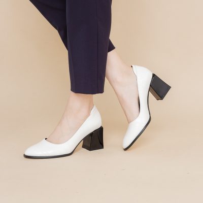 Pantofi cu Toc Gros Piele Ecologica Texturată Varf Rotund culoare Alb(BS612CAY2401567)
