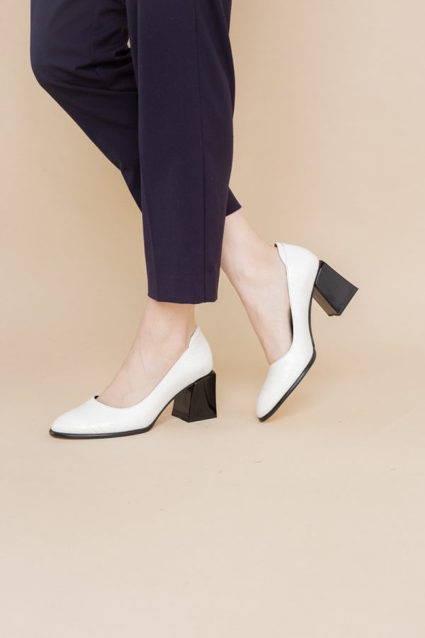 Pantofi cu Toc Gros Piele Ecologica Texturată Varf Rotund culoare Alb(BS612CAY2401567) 119