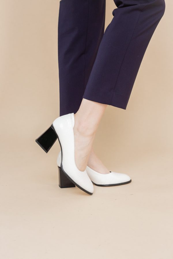 Pantofi cu Toc Gros Piele Ecologica Texturată Varf Rotund culoare Alb(BS612CAY2401567) 121