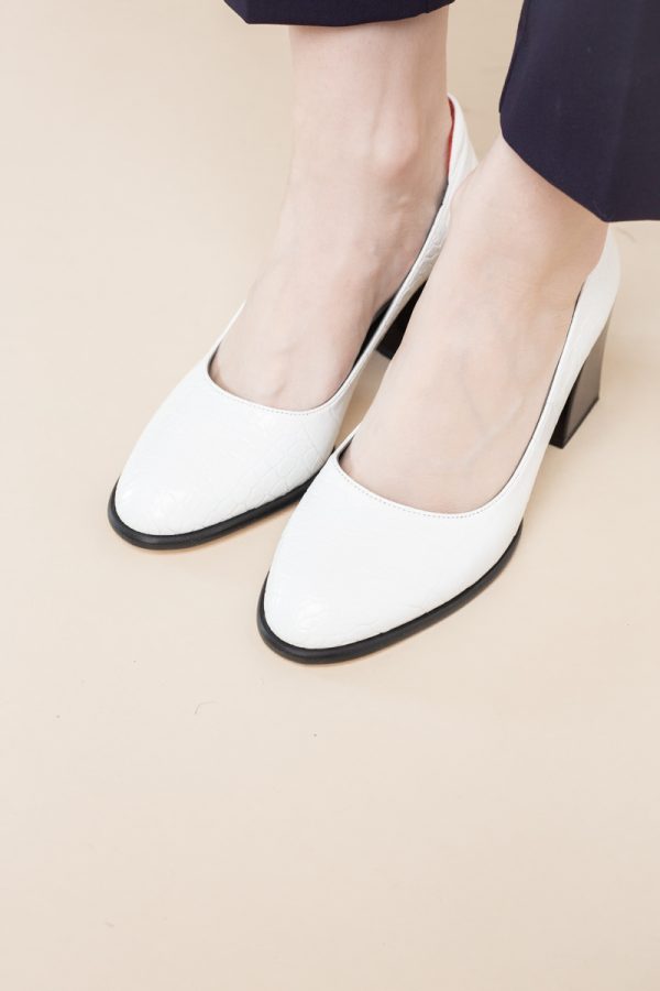 Pantofi cu Toc Gros Piele Ecologica Texturată Varf Rotund culoare Alb(BS612CAY2401567) 123