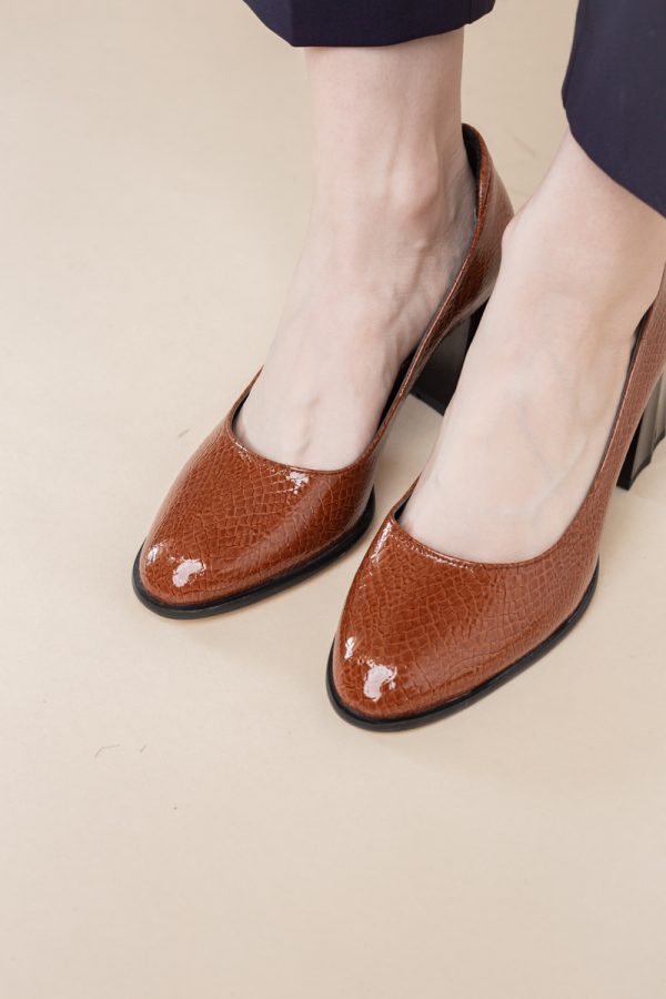 Pantofi cu Toc Gros Piele Ecologica Texturată Varf Rotund culoare Maro lucios(BS6122AY2401555) 123