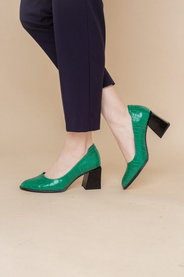 Pantofi cu Toc Gros Piele Ecologica Texturată Varf Rotund culoare Verde (BS612CAY2401561) 119