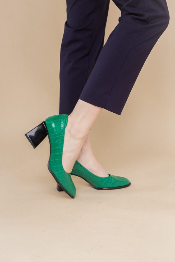 Pantofi cu Toc Gros Piele Ecologica Texturată Varf Rotund culoare Verde (BS612CAY2401561) 121