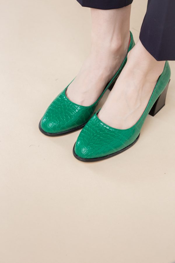 Pantofi cu Toc Gros Piele Ecologica Texturată Varf Rotund culoare Verde (BS612CAY2401561) 123