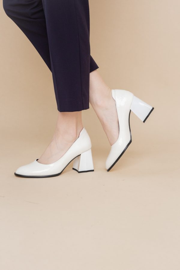 Pantofi cu Toc Gros Piele Ecologica Texturată Varf Rotund culoare Alb lucios(BS6122AY2401556) 119