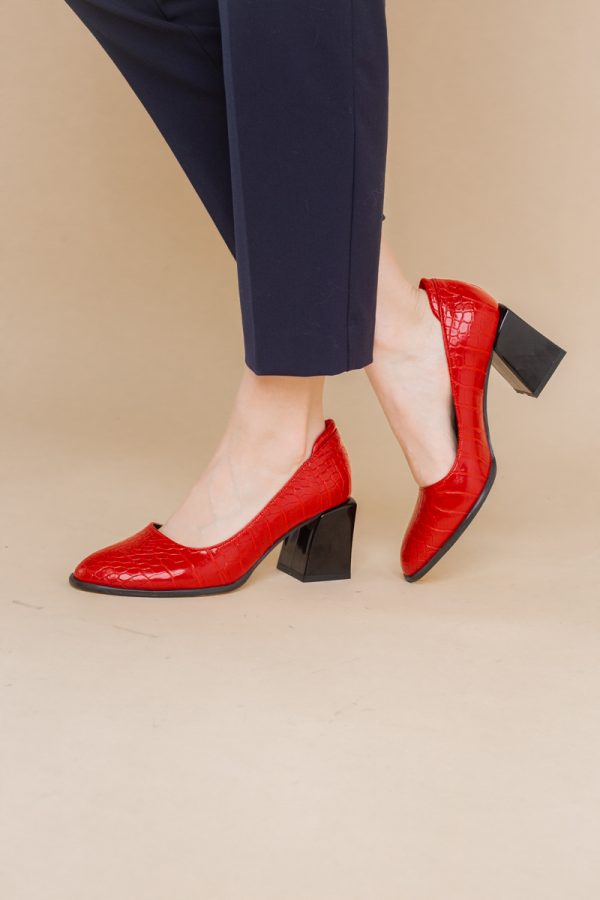 Pantofi cu Toc Gros Piele Ecologica Texturată Varf Rotund culoare Rosu (BS612CAY2401563) 119