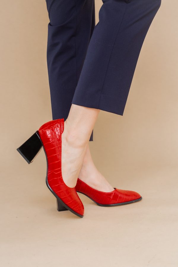 Pantofi cu Toc Gros Piele Ecologica Texturată Varf Rotund culoare Rosu (BS612CAY2401563) 121