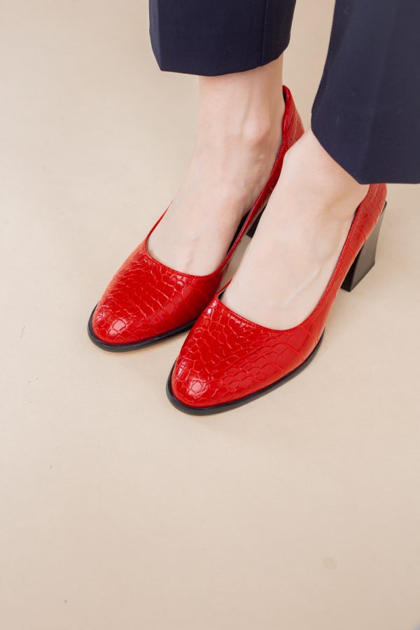 Pantofi cu Toc Gros Piele Ecologica Texturată Varf Rotund culoare Rosu (BS612CAY2401563) 123