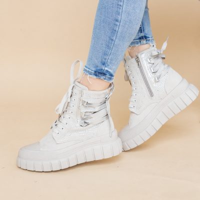 Pantofi damă sport casual înalti piele ecologică cu siret și fermoar Gri/Argintiu (BS337EV2401677)