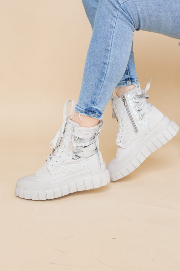 Pantofi damă sport casual înalti piele ecologică cu siret și fermoar Gri/Argintiu (BS337EV2401677) 119
