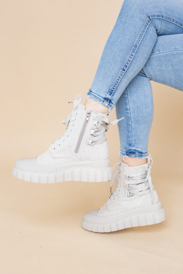 Pantofi damă sport casual înalti piele ecologică cu siret și fermoar Gri/Argintiu (BS337EV2401677) 121