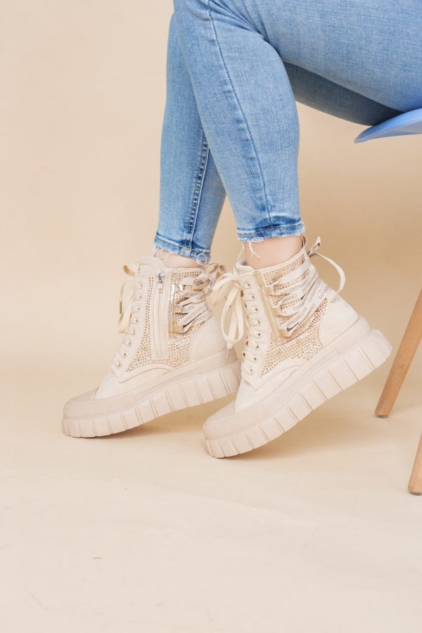Pantofi damă sport casual înalti piele ecologică cu siret și fermoar Bej/Auriu (BS337EV2401676) 121