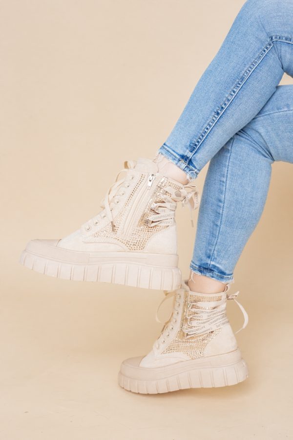 Pantofi damă sport casual înalti piele ecologică cu siret și fermoar Bej/Auriu (BS337EV2401676) 123