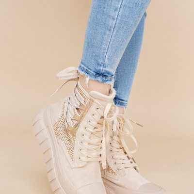 Pantofi damă sport casual înalti piele ecologică cu siret și fermoar Bej/Auriu (BS337EV2401676)