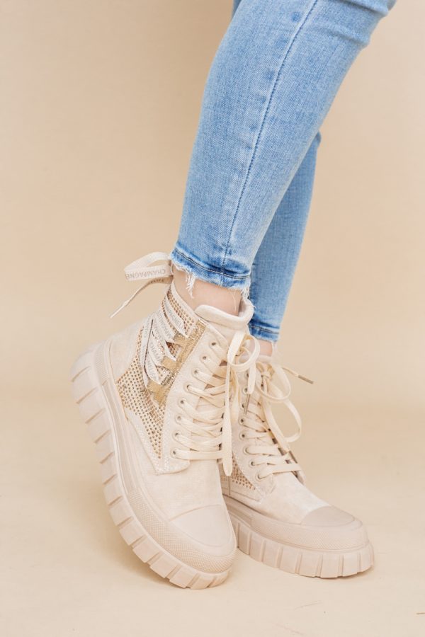 Pantofi damă sport casual înalti piele ecologică cu siret și fermoar Bej/Auriu (BS337EV2401676) 119