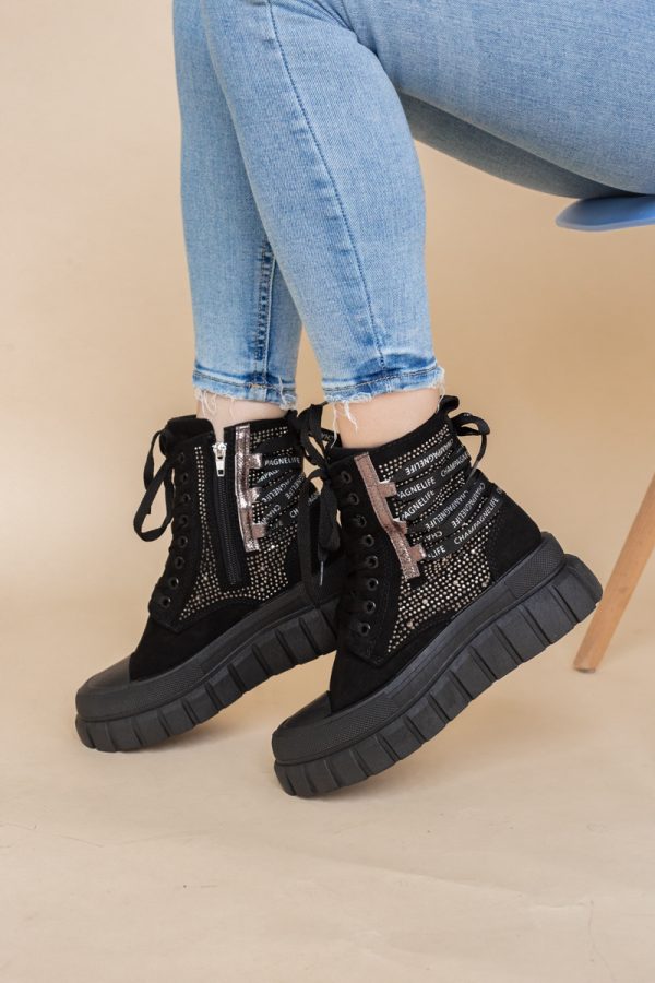 Pantofi damă sport casual înalti piele ecologică cu siret și fermoar Negru (BS337EV2401675) 121