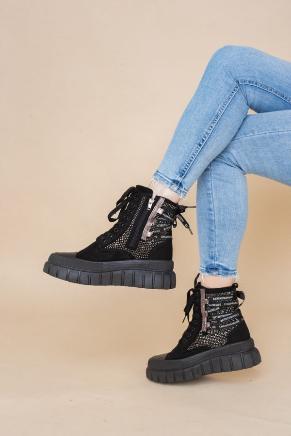 Pantofi damă sport casual înalti piele ecologică cu siret și fermoar Negru (BS337EV2401675) 123