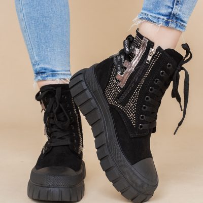 Pantofi damă sport casual înalti piele ecologică cu siret și fermoar Negru (BS337EV2401675)