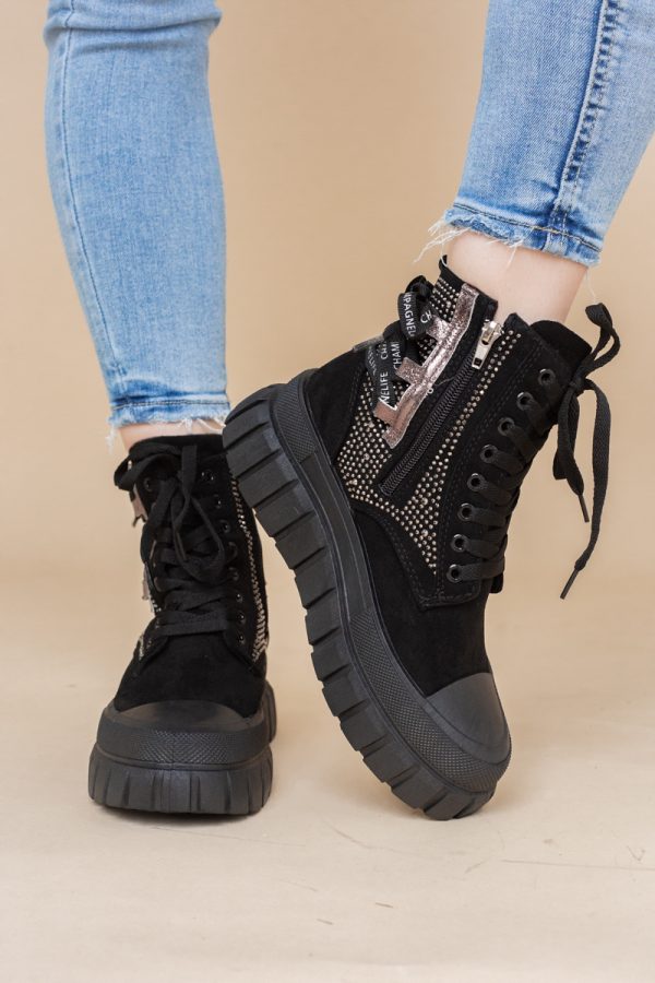 Pantofi damă sport casual înalti piele ecologică cu siret și fermoar Negru (BS337EV2401675) 119