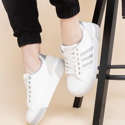 Pantofi damă sport casual piele ecologică Alb cu Gri (BS322EV2401646)