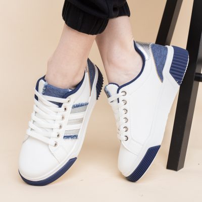Pantofi damă sport casual piele ecologică Alb cu Bleumarin (BS322EV2401645)
