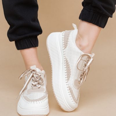 Pantofi damă sport piele ecologică si textil Alb Bej (BS288EV2401637)