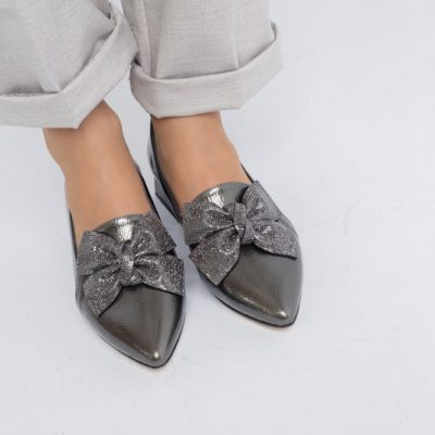 Pantofi cu Toc Jos Eleganti cu Fundita din Piele Ecologica culoare Platina(BS162BA2401523)