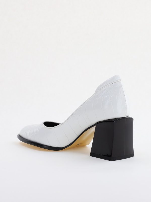 Pantofi cu Toc Gros Piele Ecologica Texturată Varf Rotund culoare Alb(BS612CAY2401567) 125