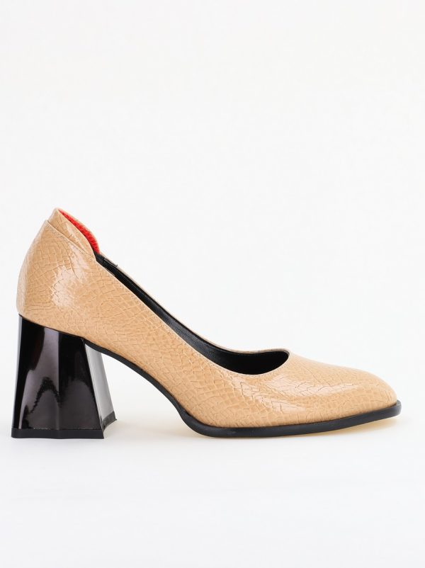 Pantofi cu Toc Gros Piele Ecologica Texturată Varf Rotund culoare Bej lucios(BS6122AY2401557) 120