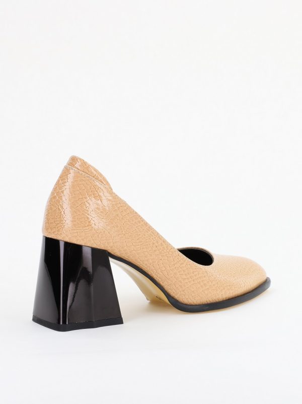 Pantofi cu Toc Gros Piele Ecologica Texturată Varf Rotund culoare Bej lucios(BS6122AY2401557) 124