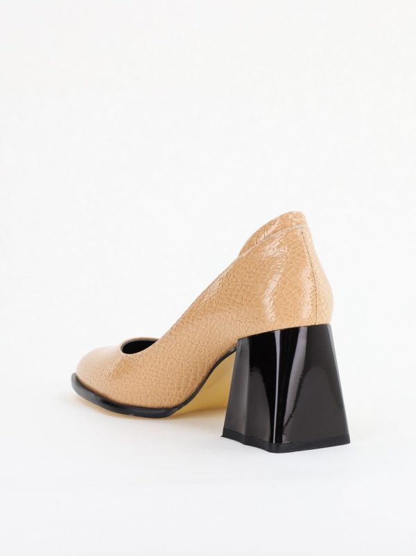 Pantofi cu Toc Gros Piele Ecologica Texturată Varf Rotund culoare Bej lucios(BS6122AY2401557) 125
