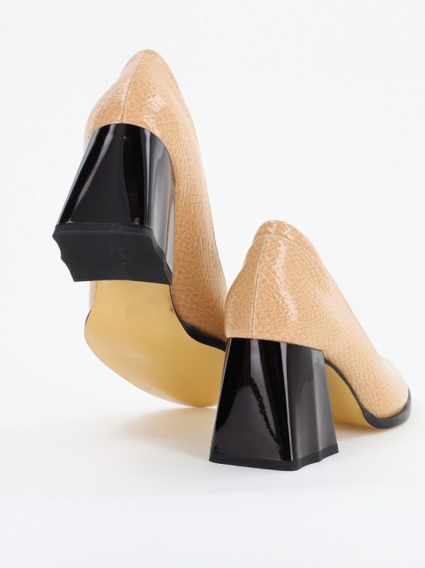 Pantofi cu Toc Gros Piele Ecologica Texturată Varf Rotund culoare Bej lucios(BS6122AY2401557) 126