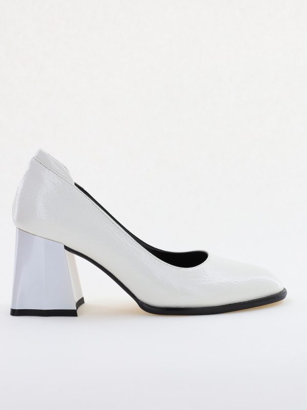 Pantofi cu Toc Gros Piele Ecologica Texturată Varf Rotund culoare Alb lucios(BS6122AY2401556) 120