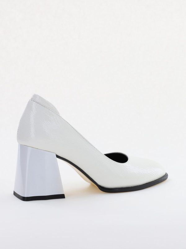 Pantofi cu Toc Gros Piele Ecologica Texturată Varf Rotund culoare Alb lucios(BS6122AY2401556) 124