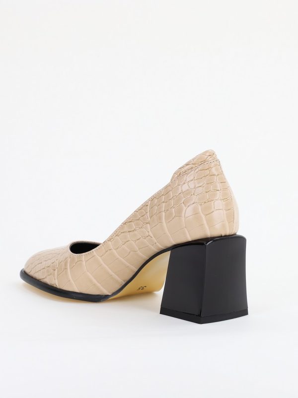 Pantofi cu Toc Gros Piele Ecologica Texturată Varf Rotund culoare Bej (BS612CAY2401562) 126