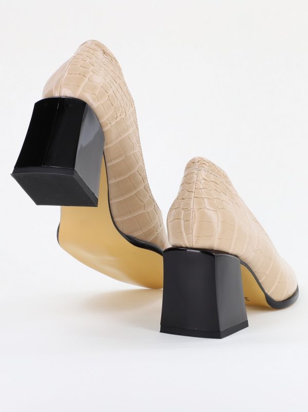 Pantofi cu Toc Gros Piele Ecologica Texturată Varf Rotund culoare Bej (BS612CAY2401562) 128