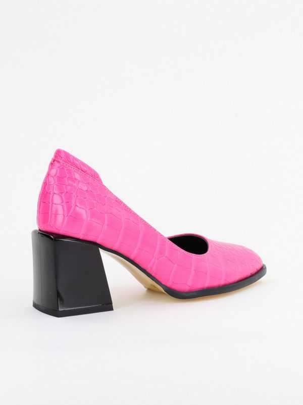 Pantofi cu Toc Gros Piele Ecologica Texturată Varf Rotund culoare Fuchsia(BS612CAY2401565) 124