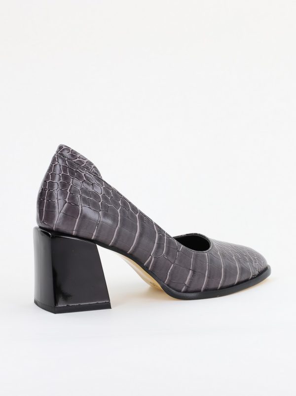 Pantofi cu Toc Gros Piele Ecologica Texturată Varf Rotund culoare Gri Inchis(BS612CAY2401568) 124