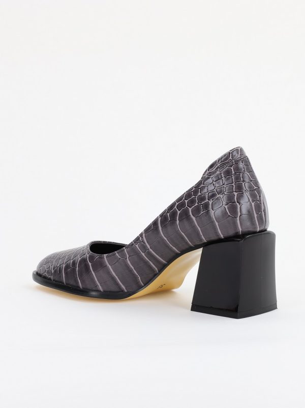Pantofi cu Toc Gros Piele Ecologica Texturată Varf Rotund culoare Gri Inchis(BS612CAY2401568) 126
