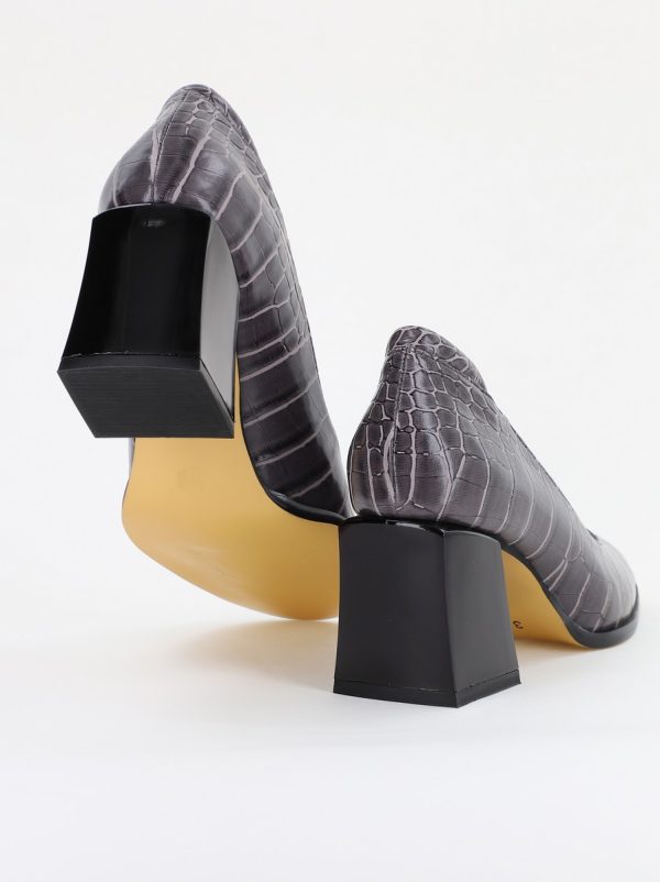 Pantofi cu Toc Gros Piele Ecologica Texturată Varf Rotund culoare Gri Inchis(BS612CAY2401568) 127