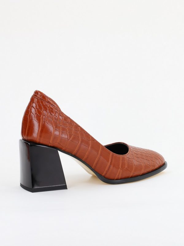 Pantofi cu Toc Gros Piele Ecologica Texturată Varf Rotund culoare Maro(BS612CAY2401569) 124