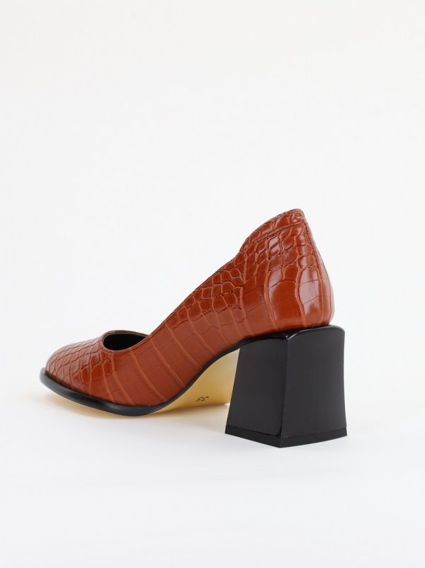 Pantofi cu Toc Gros Piele Ecologica Texturată Varf Rotund culoare Maro(BS612CAY2401569) 125