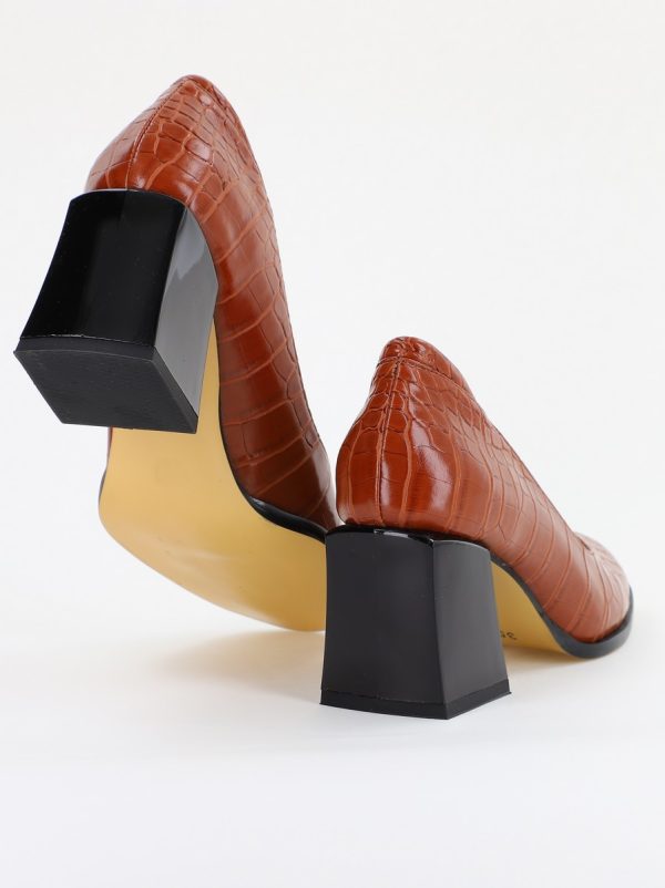 Pantofi cu Toc Gros Piele Ecologica Texturată Varf Rotund culoare Maro(BS612CAY2401569) 126