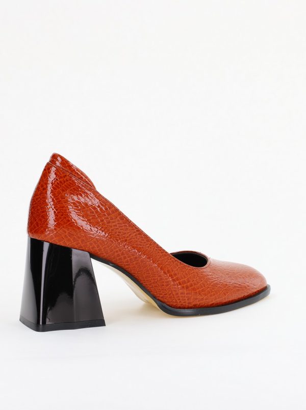 Pantofi cu Toc Gros Piele Ecologica Texturată Varf Rotund culoare Maro lucios(BS6122AY2401555) 124